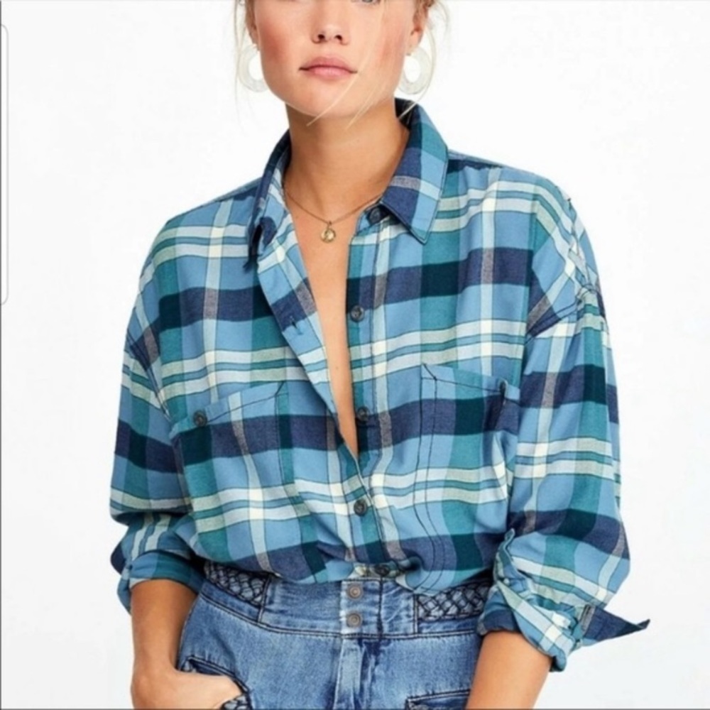 Free People Blue Plaid Shirt